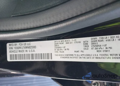 2021 Ram 1500 Laramie 4X4 5'7 Box z USA, uszkodzony, nr VIN 1C6SRFJTXMN823383